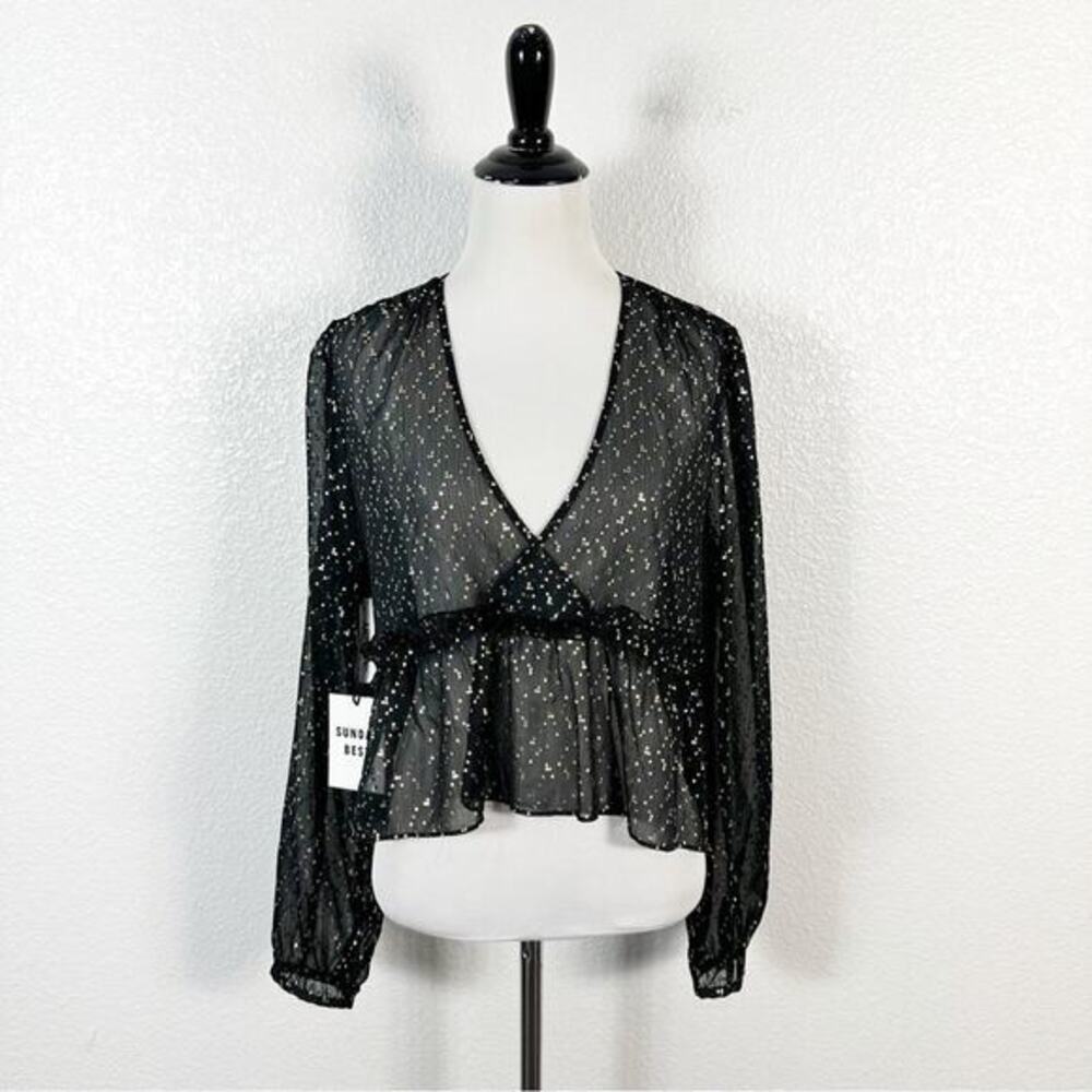 Sunday Best NWT Women’s Jinx Gold Fleck Sheer Babydoll Top in Black Size Medium‎